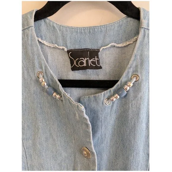 Vintage Midi Denim Dress with full button front with bead detail at neckline - Picture 3 of 10